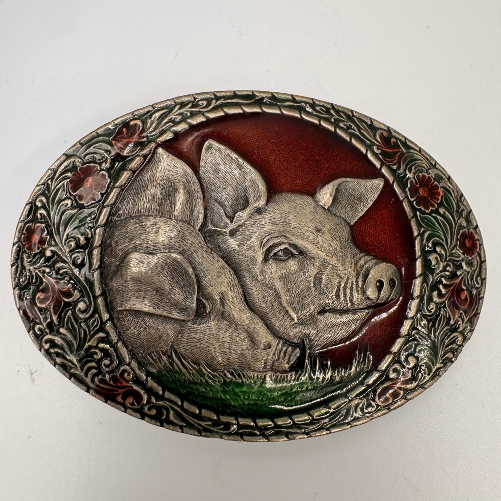 Vintage 1982 Indiana Metal Craft Pewter Pig Belt Buckle Y49 Enamel Farm Animal